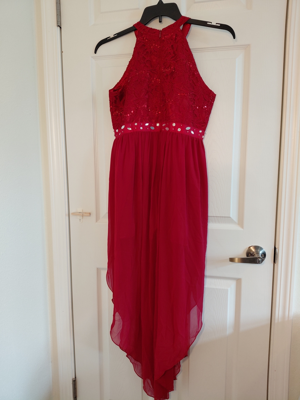 iEFieL Red Halter Sequin Bodice High-Low Prom Dress